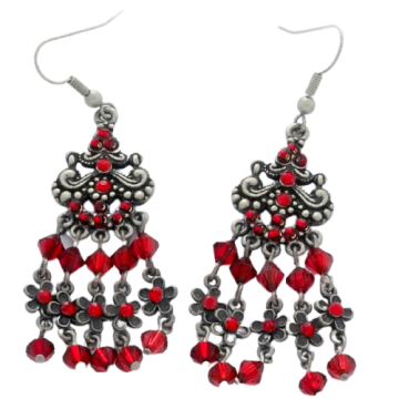 Σκουλαρίκια αλπακά ανάγλυφα διακοσμημένα με στράς και χάντρες σε κόκκινο χρώμα