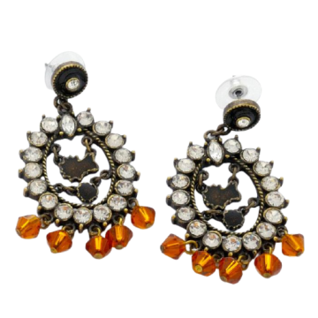 Σκουλαρίκια μεταλλικά παλαιωμένα διακοσμημένα με λευκά στράς και πορτοκαλί χάντρες