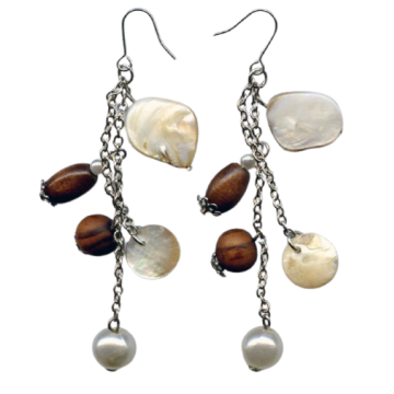 Σκουλαρίκια μεταλλικά με αλυσίδα,λεπτομέρειες από ξύλο και φίλντισι