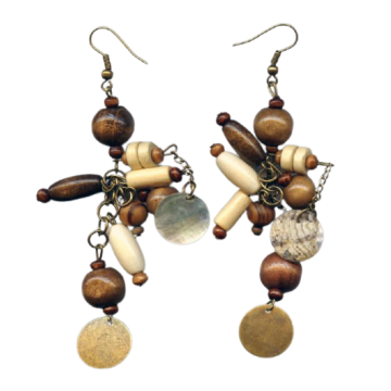 Σκουλαρίκια μεταλλικά με φίλντισι σε 3 χρώματα και ξύλινες λεπτομέρειες