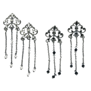 Σκουλαρίκια μεταλλικά ασημί,περίτεχνο σχέδιο με στράς σε λευκό και μαύρο χρώμα