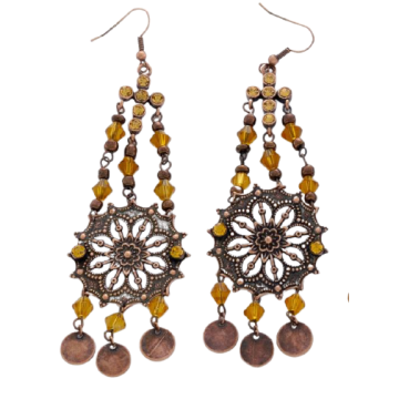 Σκουλαρίκια μεταλλικά χάλκινη ροζέτα διακοσμημένη με πορτοκαλί χάντρες