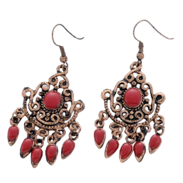 Σκουλαρίκια μεταλλικά χάλκινο χρώμα διάτρητα με κόκκινο σμάλτο