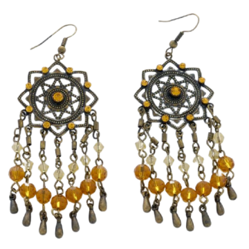 Σκουλαρίκια μεταλλικά ροζέτα διακοσμημένη με πορτοκαλί στράς και χάντρες