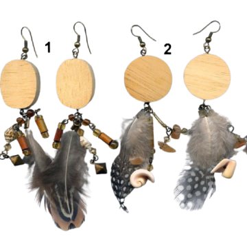 Σκουλαρίκια ξύλινα με αλυσίδα,πέτρες και φτερά