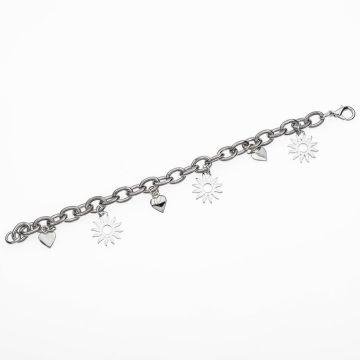 Ασημί Μεταλλικό Βραχιόλι με Αλυσίδα και Κρεμαστά Ήλιο & Καρδιά