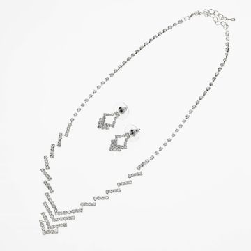 Σετ Μεταλλικό Κολιέ και Σκουλαρίκια – Επιβλητικό Σχέδιο V με Λευκά Στράς