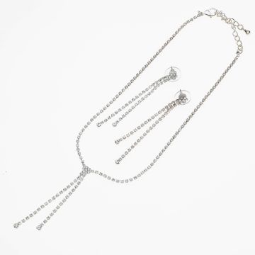 Σετ Μεταλλικό Κολιέ και Μακριά Σκουλαρίκια σε Ασημί Χρώμα διακοσμημένα με Στράς