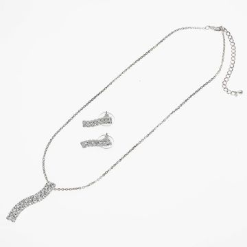 Σετ Μεταλλικό σε Ασημί Χρώμα με Κολιέ και Σκουλαρίκια – Σχέδιο Κύμα με Λευκά Στράς