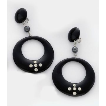 Σκουλαρίκια πλαστικά κρεμαστά με κλίπ  σε μαύρο χρώμα διακοσμημένα με μαύρη χάντρα και λευκά στράς